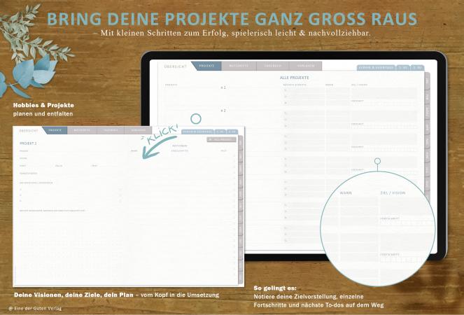 Download Terminkalender für 2023, mit Projektplaner für 7 Projekte und weitere Planungshelfer
